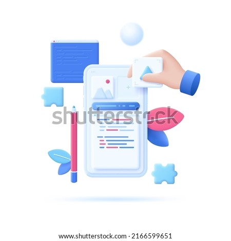 Hand moving elements or blocks of app on smartphone screen. Concept of UX or UI, creation of mobile application interface, user experience design. Vector illustration in pseudo 3d style for poster. Royalty-Free Stock Photo #2166599651