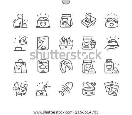 Cat food. Canned fish, clean water. Product for kitten. Pet bowl. Pixel Perfect Vector Thin Line Icons. Simple Minimal Pictogram Royalty-Free Stock Photo #2166614903