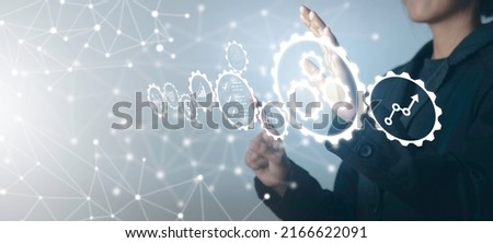 Operation management Business process control optimisation industrial technology and workflow concept. High performance, Problem solving, quality control. Hand touch gears icons . Royalty-Free Stock Photo #2166622091