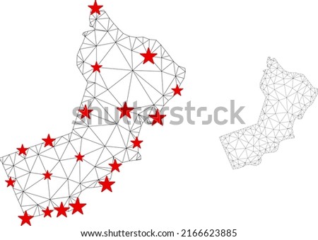 Polygonal mesh Yemen map with red star centers. Abstract mesh connected lines and stars form Yemen map. Vector wireframe flat polygonal network in black and red colors.
