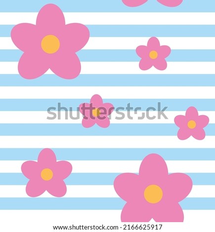 Cute y2k 00s seamless pattern with blue white stripe and pink doodle daisy flower. Fashion textile print, girlish wallpaper design. Vector illustration background.