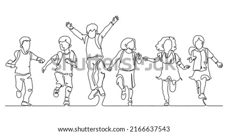 continuous line drawing of happiness little students group enjoy school finish : back to school concept vector illustration