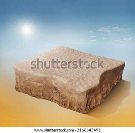 Travel and vacation background. 3d illustration with cut of the sand and beautiful island. Royalty-Free Stock Photo #2166643491