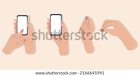 Hands holding smartphones are insulated with vector illustrations of the set. Modern technologies of infographic design. Mobile phone 