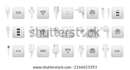 Realistic socket and plug. AC power connector, American and European types of electric equipment. Vector multiple standards socket and plug isolated set. Different adapters for electrical appliances Royalty-Free Stock Photo #2166653393
