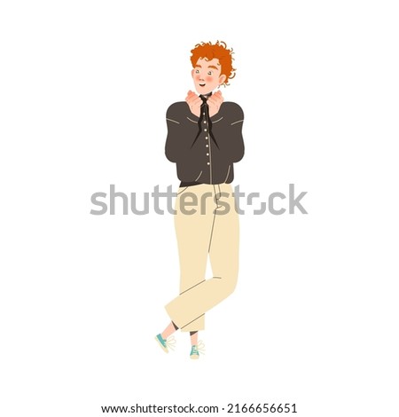 Smiling Redhead Man Character with Clenched Fists Showing Hand Gesture Expressing Emotion with Body Language Vector Illustration Royalty-Free Stock Photo #2166656651
