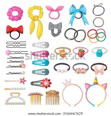 Hair grooming. Girlish plastic accessories clips rubber bands pins recent vector illustrations set isolated Royalty-Free Stock Photo #2166667629