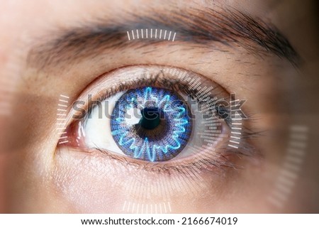 Close up of female eyes Biometric scan eye monitoring. Eye data interface. Royalty-Free Stock Photo #2166674019