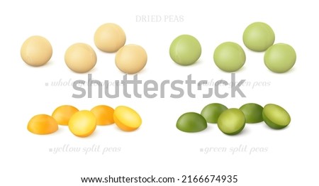 Groups of yellow and green dried peas (whole and split) isolated on white background. Side view. Realistic vector illustration. Royalty-Free Stock Photo #2166674935