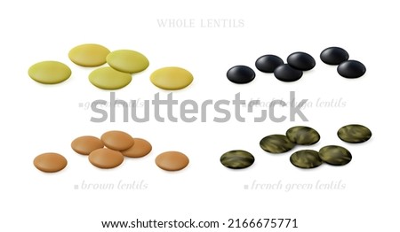 Groups of green, brown, black beluga and French lentil (whole and unshelled) isolated on white background. Side view. Realistic vector illustration. Royalty-Free Stock Photo #2166675771