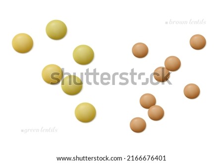Scattered seeds of green and brown lentil isolated on white background. Top view. Realistic vector illustration.  Royalty-Free Stock Photo #2166676401