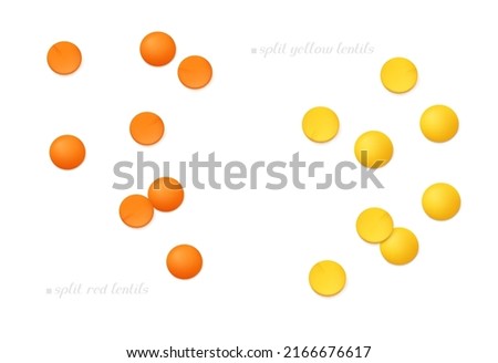 Scattered red and yellow split lentils (Masoor Dal) isolated on white background. Top view. Realistic vector illustration.  Royalty-Free Stock Photo #2166676617