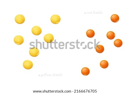Scattered seeds of red and yellow (football) lentil isolated on white background. Top view. Realistic vector illustration. Royalty-Free Stock Photo #2166676705
