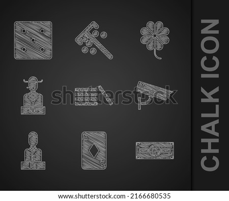 Set Casino chips, Playing card with diamonds, Stacks paper money cash, Security camera, dealer, Poker player, slot machine clover and Game dice icon. Vector