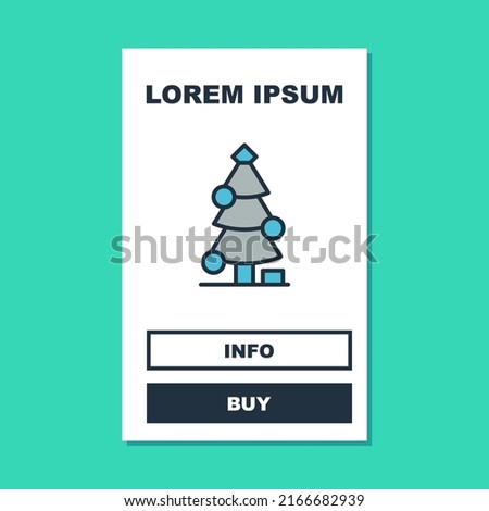 Filled outline Christmas tree with decorations icon isolated on turquoise background. Merry Christmas and Happy New Year.  Vector