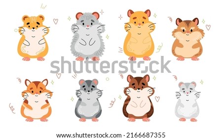 Hamster breeds. Cute little pets, different types, home rodents, funny fluffy animals various sizes and colors, cartoon flat style comic characters, swanky pet vector isolated mascot set Royalty-Free Stock Photo #2166687355