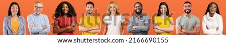 Positive multicultural men and women different ages and occupations posing on orange studio background, happy beautiful multiracial people sharing good vibes, collage, panorama