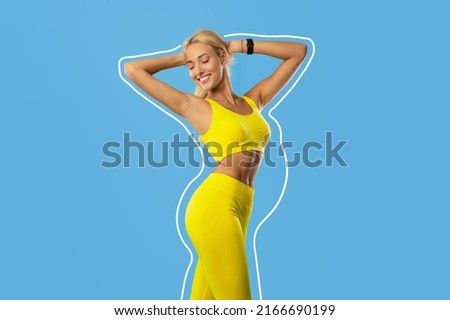 Healthy diet, sport for weight loss concept. Happy young blonde woman in sportswear demonstrating perfect slim body on blue studio background, collage with outlines of overweight silhouette Royalty-Free Stock Photo #2166690199