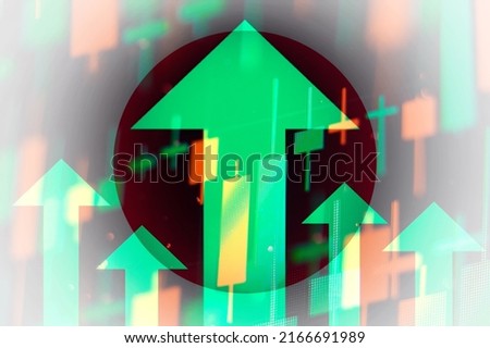 Increasing green arrows showing improvements in the economy or growth of stocks on the stock exchange in Japan  Royalty-Free Stock Photo #2166691989