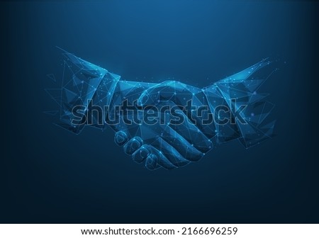 business shake hands low poly wireframe on dark blue background. Business partnership success concept. consists of dots, lines and triangles. business cooperation agreement. vector illustration . Royalty-Free Stock Photo #2166696259