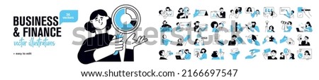 Business and marketing concept illustrations. Set of people vector illustrations in various activities of business, management, payment, market research and data analysis, communication.  Royalty-Free Stock Photo #2166697547