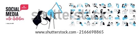 Social media concept illustrations. Set of people vector illustrations in various activities of social network, digital marketing, online communication, internet services.  Royalty-Free Stock Photo #2166698865