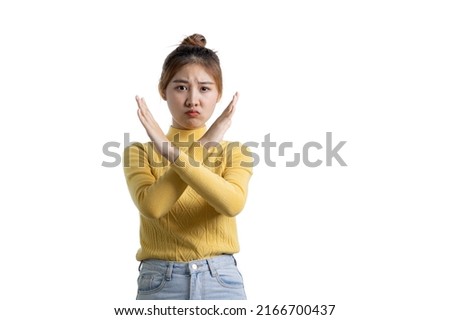 Portrait of a beautiful Asian woman gesturing on isolated background, portrait concept used for advertisement and signage, isolated over white background, copy space.
