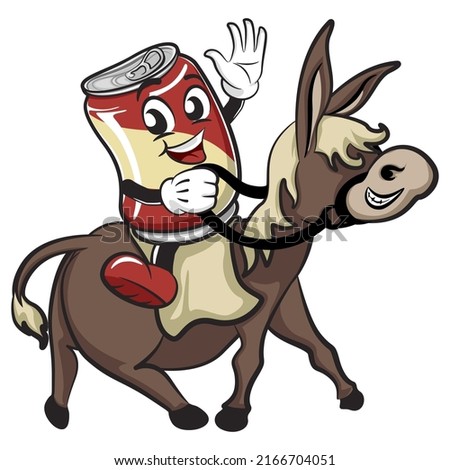 cute drink can vintage character mascot illustration riding a donkey with fun