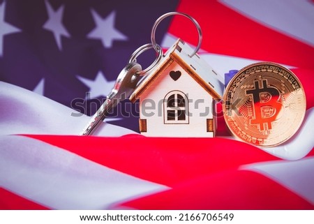 Buying real estate in the us for bitcoin. Bitcoin coin in a food basket. Cryptocurrency payment. Electronic money in America. Currency shop.