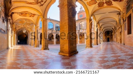 Inner yard of Archiginnasio of Bologna that houses now Municipalaand the famous Anatomical Theatre. It is one of the most important building in Bologna. Royalty-Free Stock Photo #2166721167