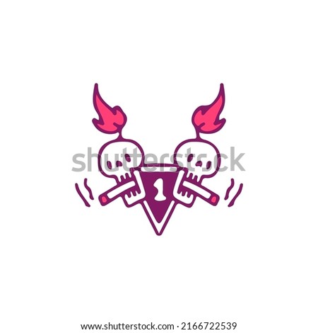 Burning skull smoking cigarette with emblem, illustration for t-shirt, sticker, or apparel merchandise. With doodle, retro, and cartoon style.