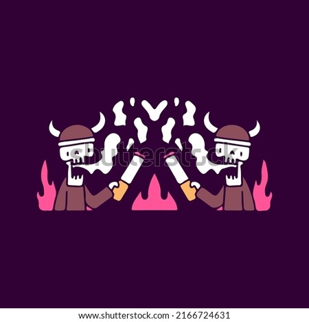 Burning Vikings skull smoking cigarette, illustration for t-shirt, sticker, or apparel merchandise. With doodle, retro, and cartoon style.