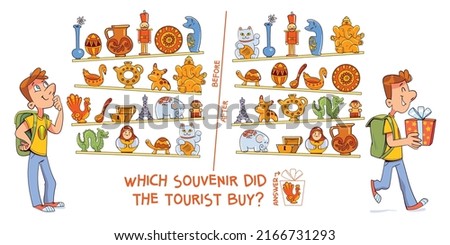 Find the differences puzzle game. Which souvenir did the tourist buy? Find hidden objects in the picture. Puzzle Hidden Items. Funny cartoon character. Vector illustration Royalty-Free Stock Photo #2166731293