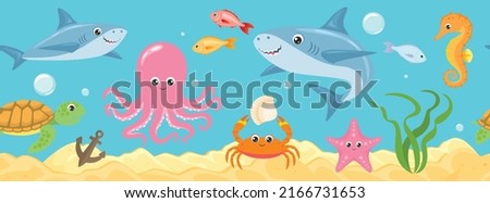 Underwater sea life seamless banner. Undersea landscape with cute shark, turtle, octopus, crab, starfish, seahorse and travel stuff. Vector cartoon illustration of ocean animals and fish. Royalty-Free Stock Photo #2166731653