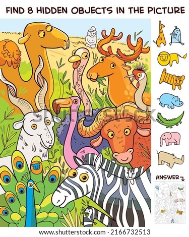 Group of wild animals in the zoo. Find 8 hidden objects in the picture. Puzzle Hidden Items. Funny cartoon character. Vector illustration Royalty-Free Stock Photo #2166732513
