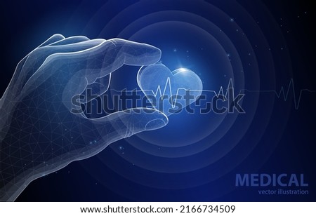 Vector illustration concept on a dark blue background, a hand holds a heart ,heartbeat line, symbol, medicine, pharmacology, health preservation. Royalty-Free Stock Photo #2166734509