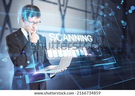 Personal data security concept with digital white scanning sign in virtual blue glowing frame on pensive businessman with laptop background, double exposure