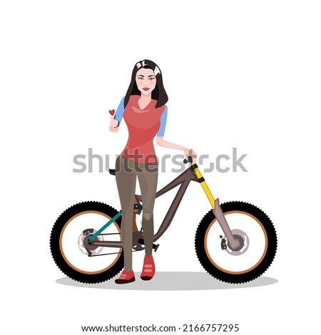 beautiful girl with downhill bike..They both made their hands in the shape of Mini Heart.Isolated  illustration on a white background.