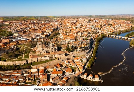 Aerial photo of Zamora with view of Duero River. Castile and Leon, province of Zamora.