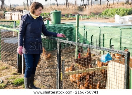 Young woman enjoying pastime in homestead, feeding poultries in henhouse