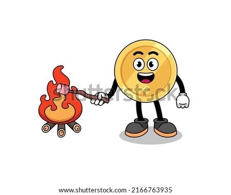 Illustration of euro coin burning a marshmallow , character design