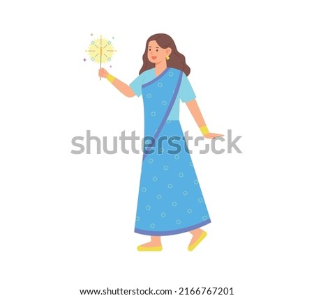 A woman in traditional Indian clothing is rejoicing with a sparkler in her hand. flat design style vector illustration.