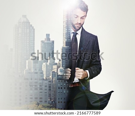 Man about town. Composite image of a handsome well-dressed man superimposed with the city.
