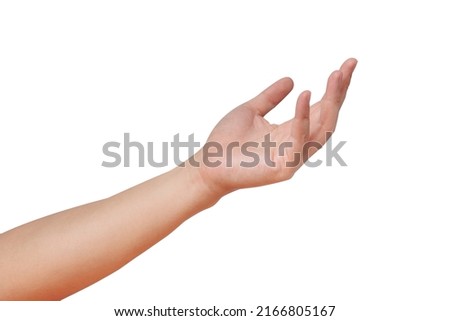 Hand reach out with palm open up isolated in white background. Ready to giving help, assistance or receive body language concept. Royalty-Free Stock Photo #2166805167