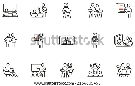 Vector Set of Linear Icons Related to Conference, Public Speaking, Online Seminar and Storytelling. Mono Line Pictograms and Infographics Design Elements Royalty-Free Stock Photo #2166805453
