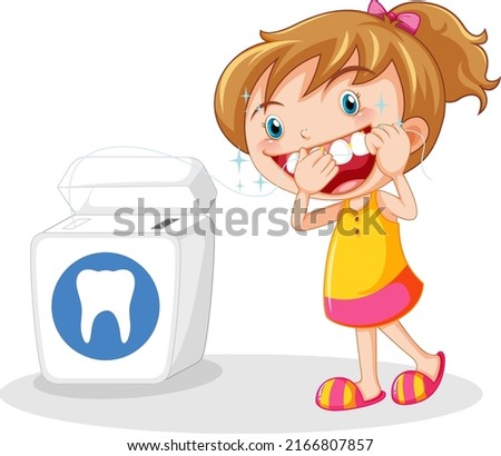 Cute girl cartoon character flossing teeth illustration