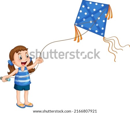 Cartoon girl playing kite  illustration