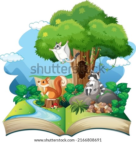 Opened fantasy book with cute animals  illustration