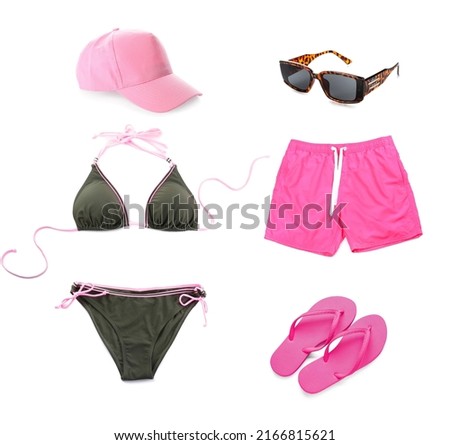 Set of stylish beach clothes and accessories on white background Royalty-Free Stock Photo #2166815621