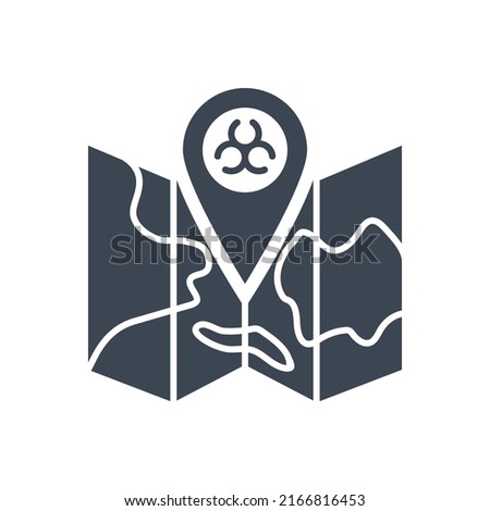 Epidemic related vector glyph icon. Biohazard positioning mark on map. Epidemic sign. Isolated on white background. Editable vector illustration